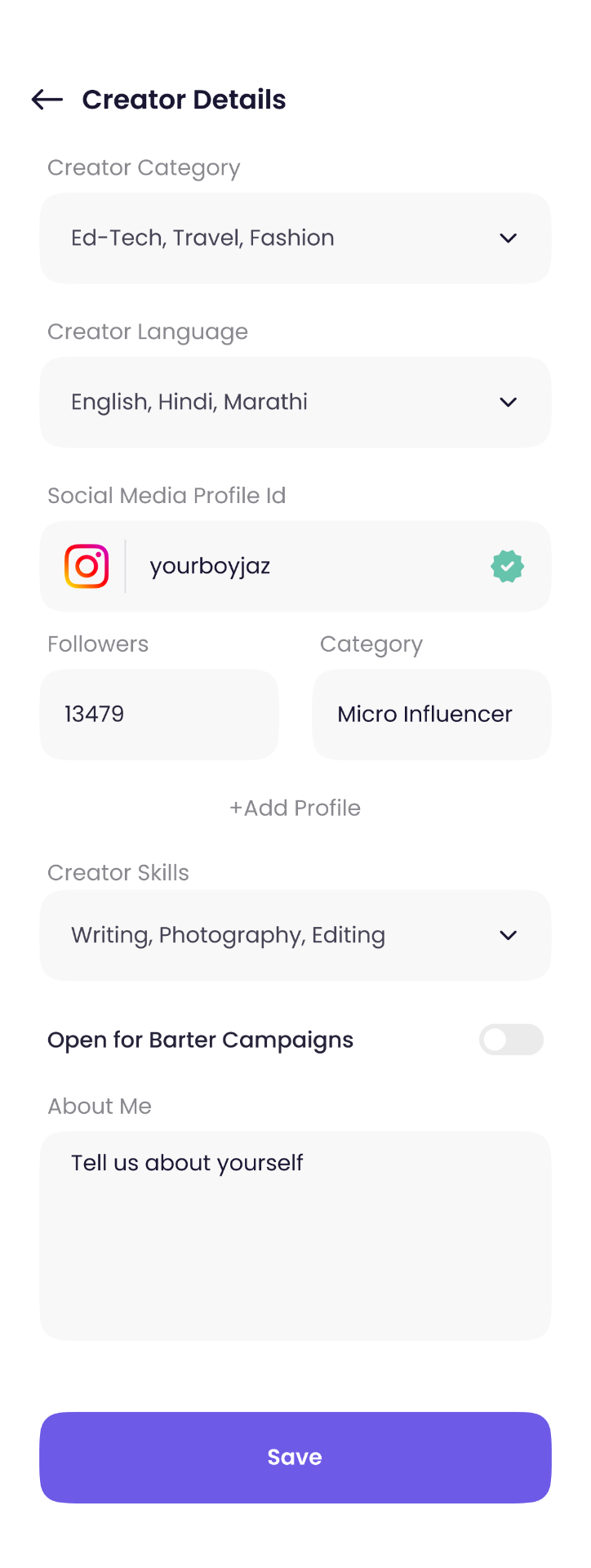 Personal & creator details - screen 2